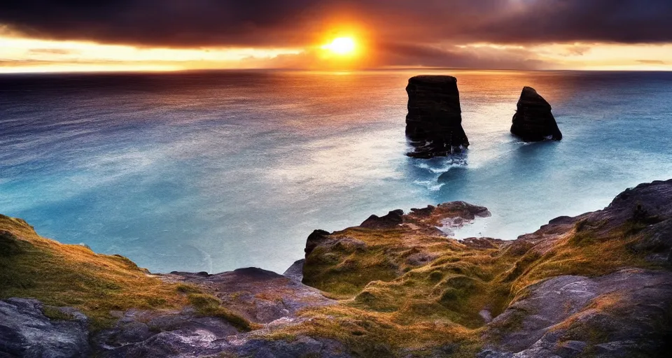 Image similar to beautiful Scotland landscape photography in sunset, cliffs, sea, dramatic sky, 500px, award winning, moody
