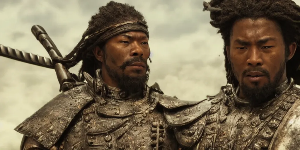 Image similar to a film still of a black man starring in a japanese blockbuster film as an ancient samurai, shallow depth of field, cinematic, award winning cgi, vfx, film still