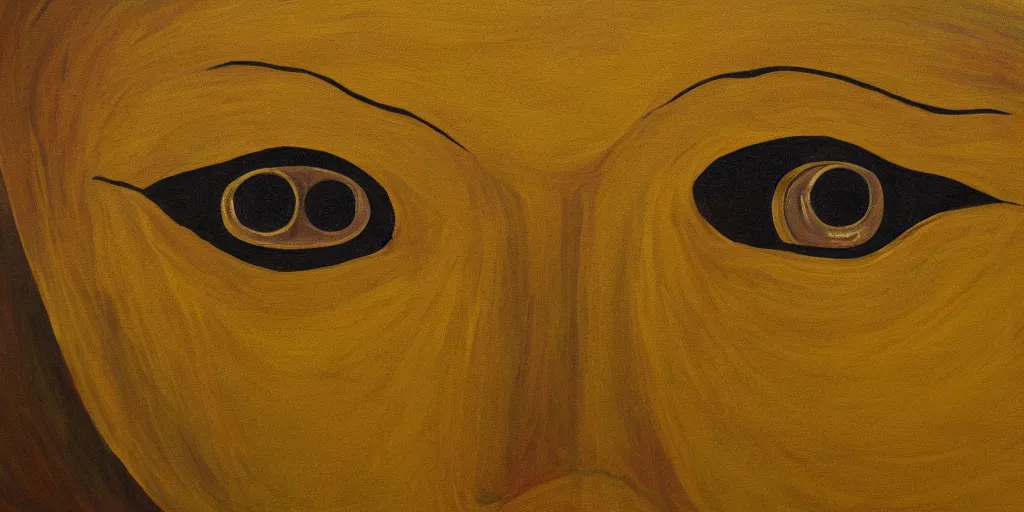 Image similar to a painting of giant buddahs eyes floating in the desert in gold color palette