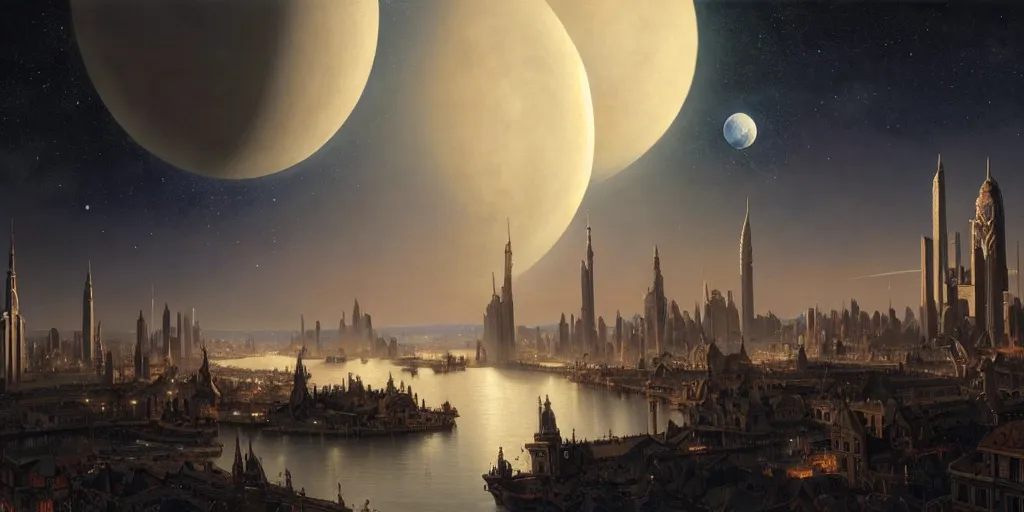 Prompt: planetary city, 2 moons on the horizon of different sizes,, intricate, highly detailed,, photorealistic, digital painting, artstation, illustration, concept art, smooth, sharp focus, by ansel adams and bernardo bellotto, john collier, albert aublet and krenz cushart