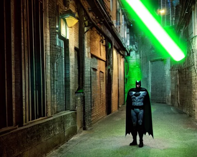 Image similar to a photograph of Batman holding a green lightsaber in a dark city alleyway at nighttime