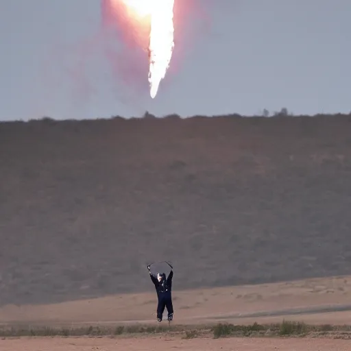 Prompt: a picture of elon musk launching like he's a rocket, full body, flames coming out of feet, dslr, launch test