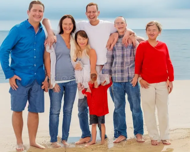 Prompt: family portrait of a happy family holding each other, facing the camera, standing in front of a beach, stock photo taken with canon eos - 1 d mark iii