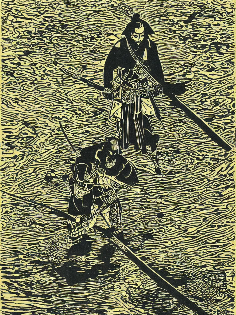 Image similar to old printmaking woodblock print of a samurai with a katana standing in water with ripples around him, a big sun above. beautiful dark fantasy, 8k detail