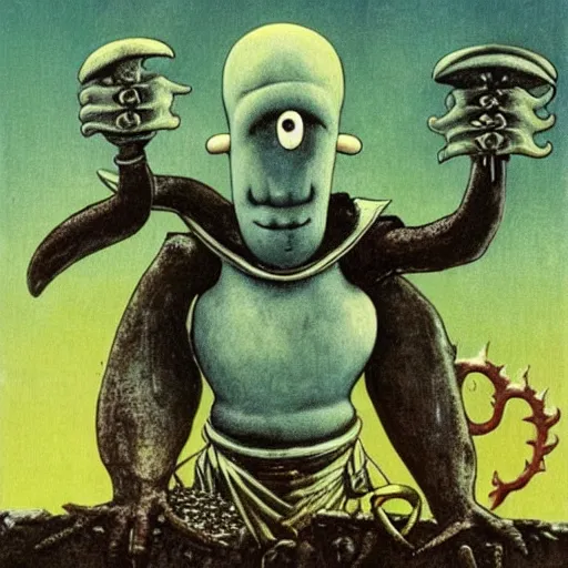 Prompt: squidward as a dark souls boss by Max Ernst