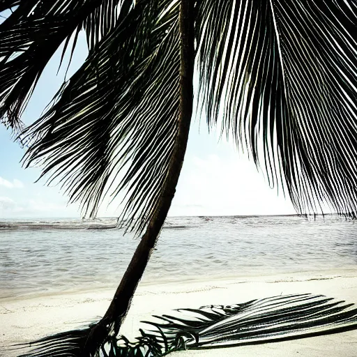 Prompt: palm leaves on the beach, lomography,