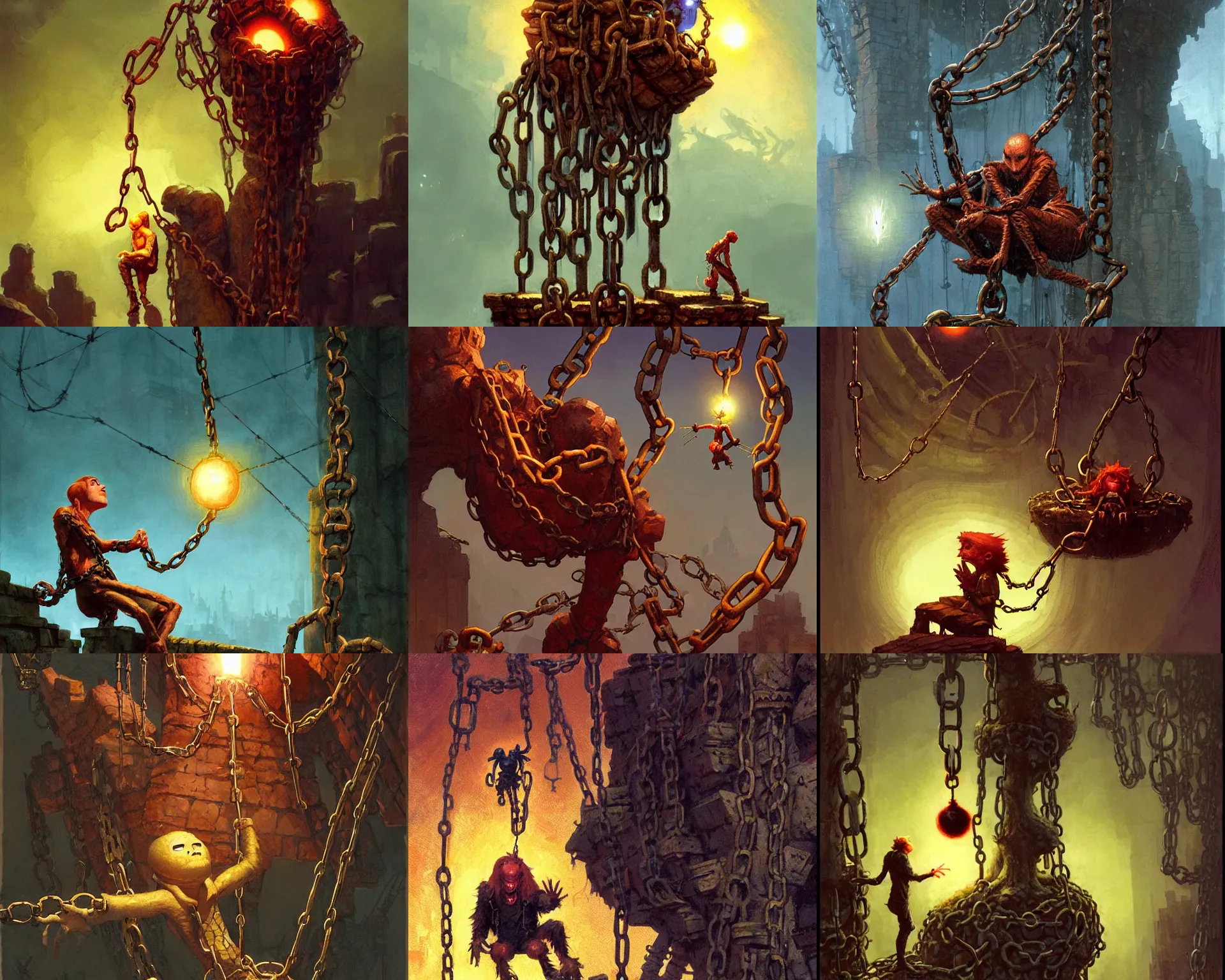 Prompt: the luminous spider above him blinked off : the redhead lowered one hand from the chains hanging to his belly. by marc simonetti, hugh ferriss, james paick, greg rutkowski, aaron horkey