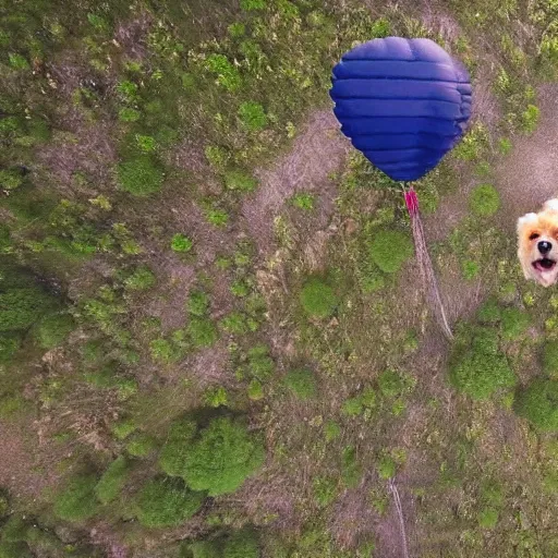 Prompt: a hairy dog with a large open balloon parachute jumping from a cliff. captured by a drone. wide camera. epic