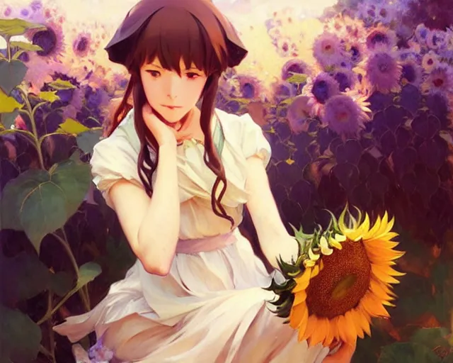 Prompt: beautiful sunflower anime girl, krenz cushart, mucha, ghibli, by joaquin sorolla rhads leyendecker - h 6 4 0