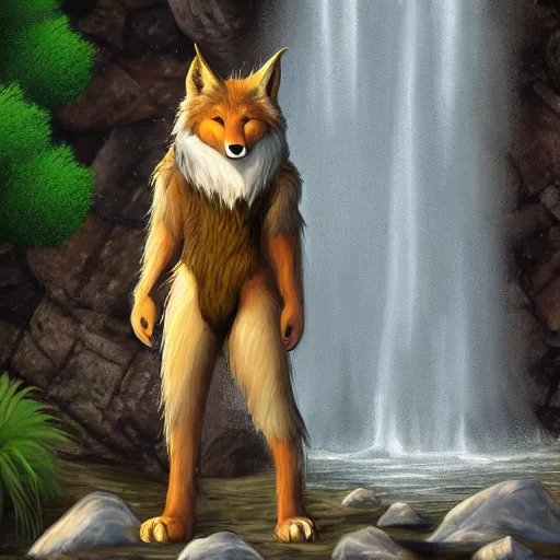 Prompt: fantasy furry art of a noble anthro werefox standing in front of a waterfall, photorealistic, award winning, FurAffinity