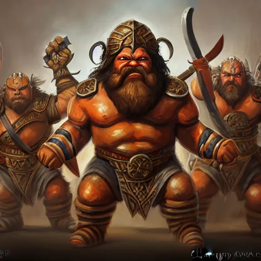 Image similar to painting of a dwarven berserker fighting a crew of crazy goblin warriors, sharp focus, high symmetry, award - winning, trending on artstation, masterpiece, highly detailed, intricate. art by christopher rush