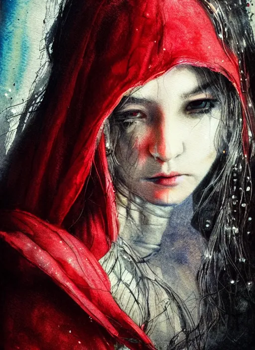 Image similar to portrait, Gorgeous Little red riding hood at a rave, watercolor, dramatic lighting, cinematic, establishing shot, extremly high detail, foto realistic, cinematic lighting, pen and ink, intricate line drawings, by Yoshitaka Amano, Ruan Jia, Kentaro Miura, Artgerm, post processed, concept art, artstation, matte painting, style by eddie mendoza, raphael lacoste, alex ross