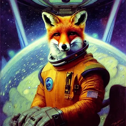 Image similar to portrait of a male fox wearing a space suit in a space ship. shadowrun furaffiniy cyberpunk fantasy highly detailed painting by gaston bussiere craig mullins jc leyendecker gustav klimt artgerm greg rutkowski john berkey, bergey, craig mullins, ruan jia, raymond swanland, jeremy mann, tom lovell, alex malveda