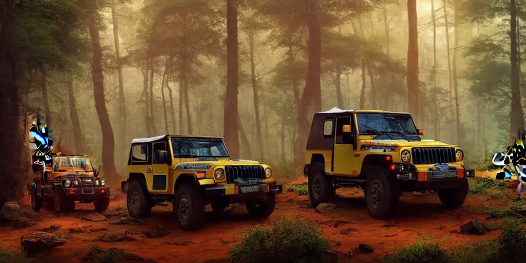 Image similar to Mahindra thar, in kerala forest, tigers and lions chasing, action scene, an epic fantasy, dramatic lighting, cinematic, establishing shot, extremely high detail, photorealistic, cinematic lighting, matte painting, artstation, by simon stalenhag, horizon forbideen west