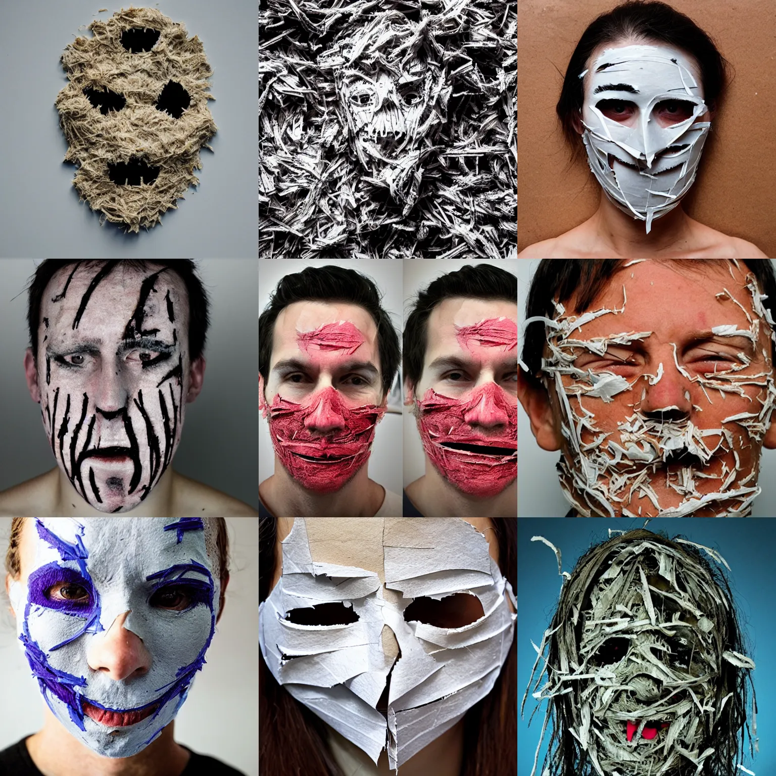 Prompt: face shredded like paper masks, horror