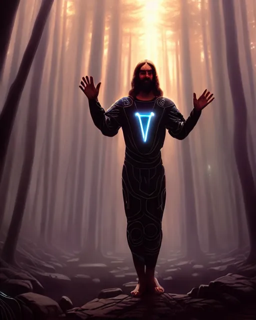 Image similar to tron legacy jesus performing miracles for a crowd in an ancient forest, face, diffuse lighting, hyper realistic, concept art, intricate, hyper detailed, smooth, sharp focus, illustration, artstation, art by greg rutkowski and james gurney and alphonse mucha