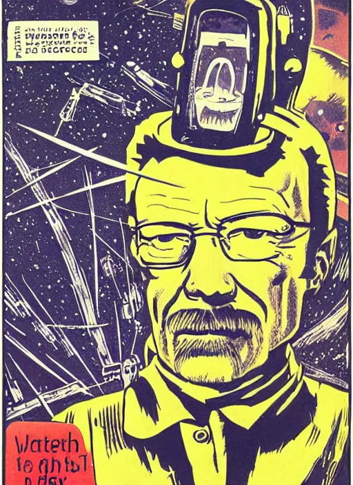 Image similar to Walter White as space wizard in retro science fiction cover by Stanisław Lem, vintage 1970 print