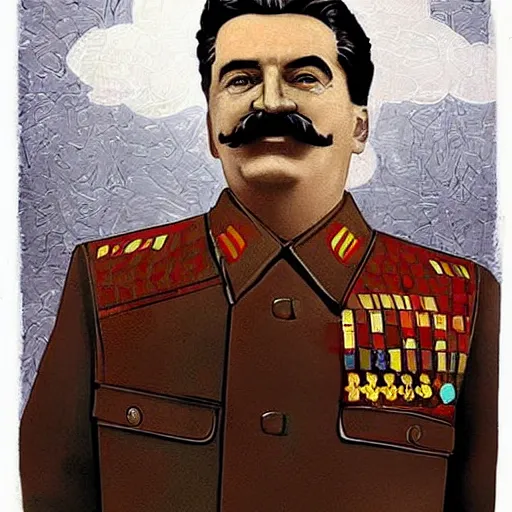 Image similar to stalin, in latex dress, in heaven, love art style