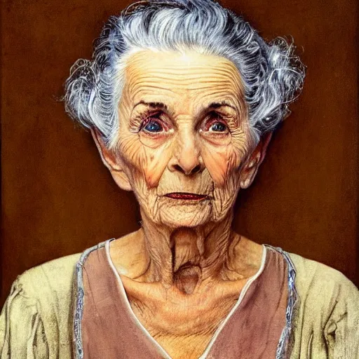 Prompt: frontal portrait of a wizened old witch. a portrait by norman rockwell.