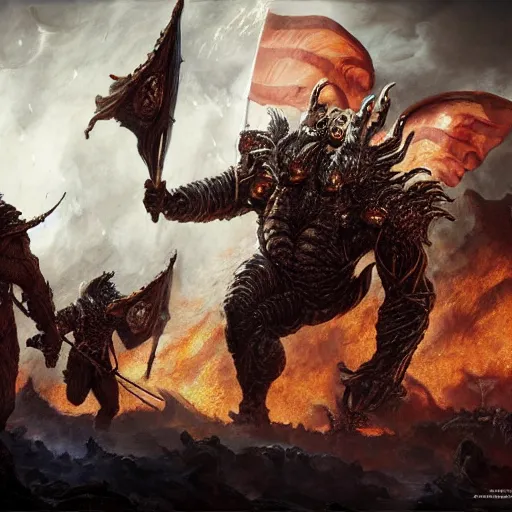 Image similar to an army of demons flying out of a volcano with flag bearers and trumpeters, intricate detail, royo, vallejo, frazetta, giger, whealan, hd, unreal engine,