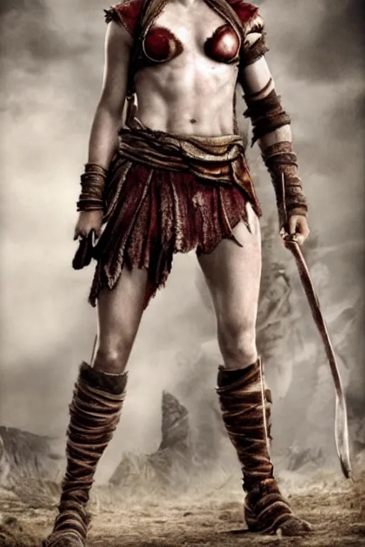 Image similar to Emma Watson as Kratos, brutal, detailed realistic, photorealistic, full body