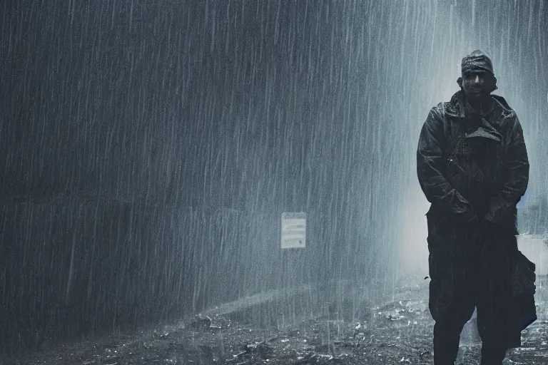 Image similar to a cinematic headshot photograph of a homeless war veteran, stood in a tunnel, stormy weather, rain, film still, cinematic, dramatic lighting, blue color theme, by zack snyder