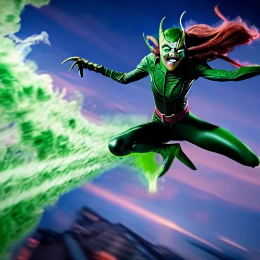 Image similar to anya taylor joy as the green goblin from spiderman flying out of a gas cloud, hyper realistic 4 k high detail uhd