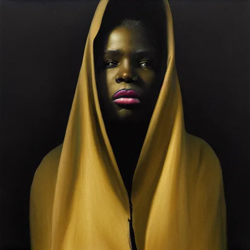 Image similar to a portrait of a young black woman wearing a long dark cloak, hood and shadows covering face, anatomically correct, beautiful perfect face, enigmatic, oil painting, matte painting, black background, Volumetric Golden dappled dynamic lighting, Highly Detailed, Cinematic Lighting, Unreal Engine, 8k, HD, by Beksinski