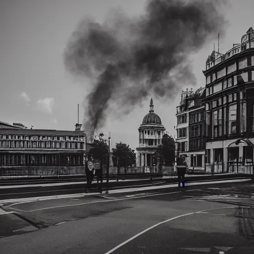 Image similar to Crowell burning in London place, 50mm photography, high quality, 4K