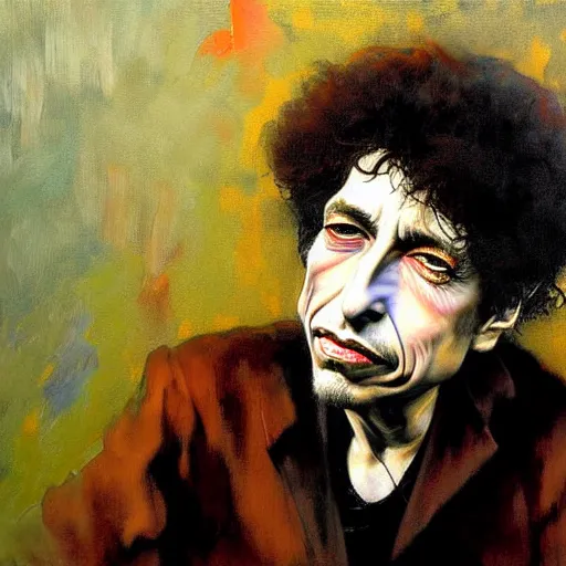 Image similar to exaggerated funny caricature portrait of bob dylan, detailed face, detailed painting, epic lighting, by ilya repin, phil hale and kent williams