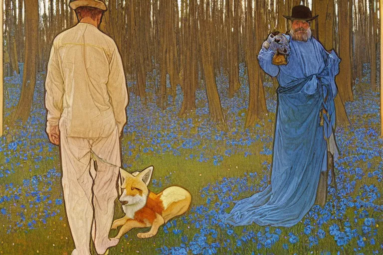 Image similar to landscape art nouveau painting of an old man dressed as a farmer and his fox in the forest, by alphonse mucha and gustav klimt and antoni gaudi, masterpiece,, warm shades of blue, silver, orange, gold, and pink, oil painting, high resolution, very detailed, oil on canvas, trending on artstation