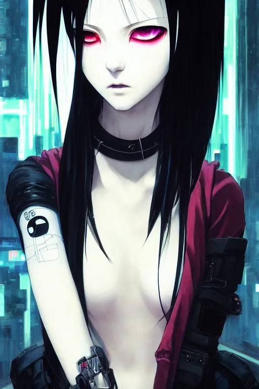 red eyes, Vhumiku, anime girls, anime, black hair, dog, cyberpunk