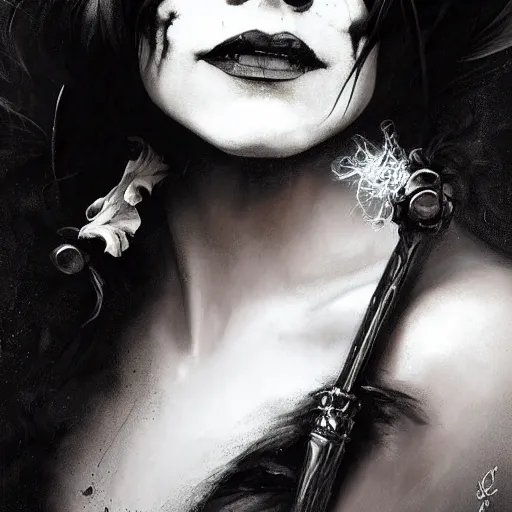 Image similar to beautiful portrait of vanessa hudgens as death from sandman, smiling, by cedric peyravernay, alphonse mucha, by jeremy mann, by lecouffe deharme, goth chic, soft lightning, eyeliner, punk rock, high detailed, 8 k