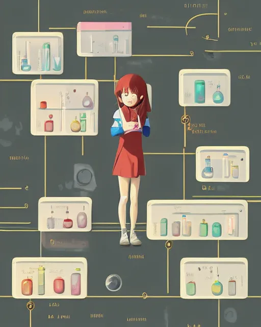 Image similar to a little girl in science lab experiment test tube microscope map. clean cel shaded vector art. minimalist illustration art by lois van baarle, artgerm, helen huang by makoto shinkai and ilya kuvshinov, rossdraws