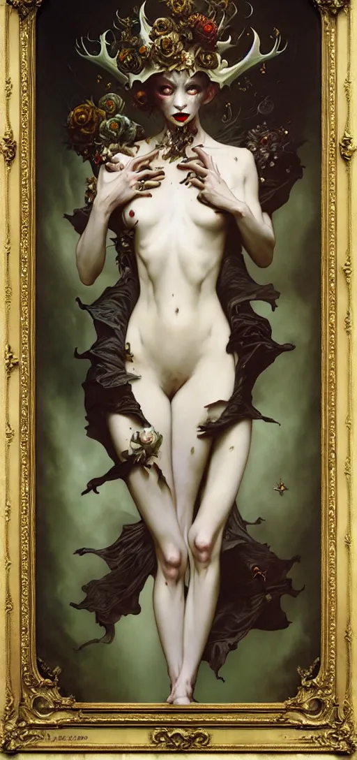 Image similar to baroque oil painting of full body vampire princess portrait, by nekro, peter mohrbacher, alphonse mucha, brian froud, yoshitaka amano, kim keever, victo ngai, james jean