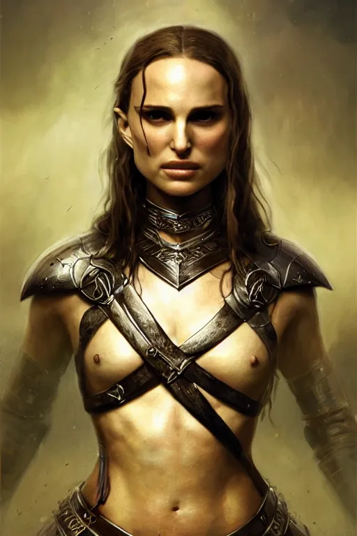 Image similar to natalie portman, legendary warrior, heroic, lord of the rings, tattoos, decorative ornaments, battle armor, by carl spitzweg, ismail inceoglu, vdragan bibin, hans thoma, greg rutkowski, alexandros pyromallis, perfect face, fine details, realistic shading photorealism