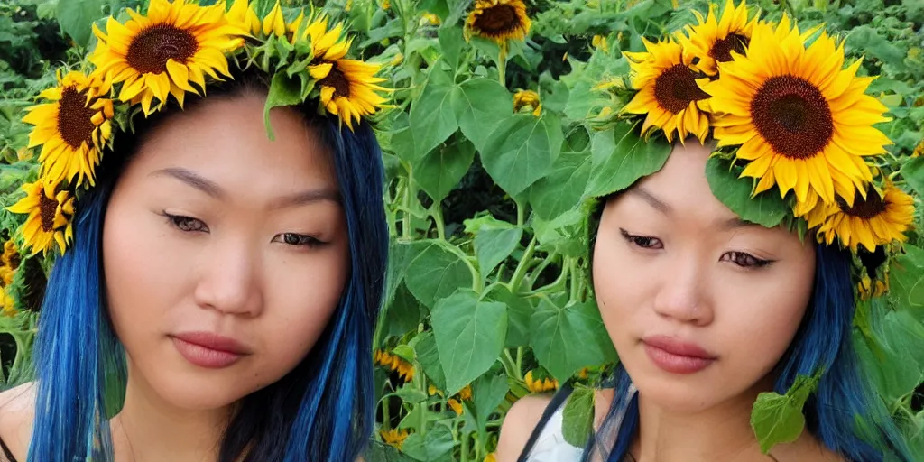 Prompt: queen of sunflowers, crown of vines, asian eyes + blue skin