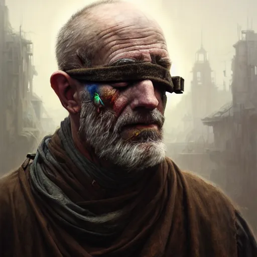 Image similar to portrait painting of a post - apocalyptic older american man blindfolded and wearing ruined monk garbs, ultra realistic, concept art, intricate details, eerie, highly detailed, photorealistic, octane render, 8 k, unreal engine. art by artgerm and greg rutkowski and charlie bowater and magali villeneuve and alphonse mucha