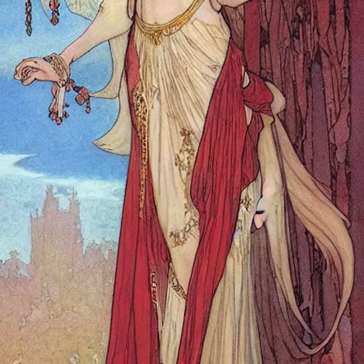 Prompt: beautiful ishtar goddess in long flowy dress, porcelain skin by rebecca guay and mucha