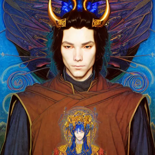 Image similar to half length portrait of a medieval fantasy sorcerer, a male blue dragon with electrcity magic, fantasy, d & d, high details, art by ( ( ( kuvshinov ilya ) ) ) and wayne barlowe and gustav klimt and artgerm and wlop and william - adolphe bouguereau