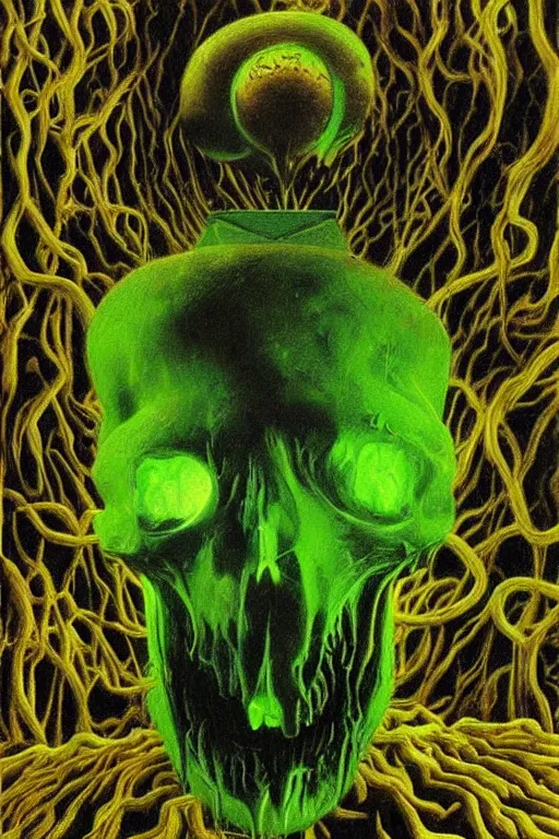 Image similar to horrific neon green skull floating over golden cubes by zdzisław beksinski