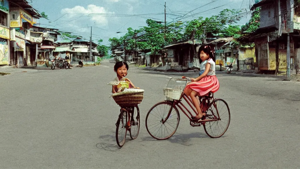 Prompt: a young girl riding a bike with a basket in a small town, 1970s philippines, art by hayao miyazaki, studio ghibli film, hi res, 4k, perfect face, wide shot