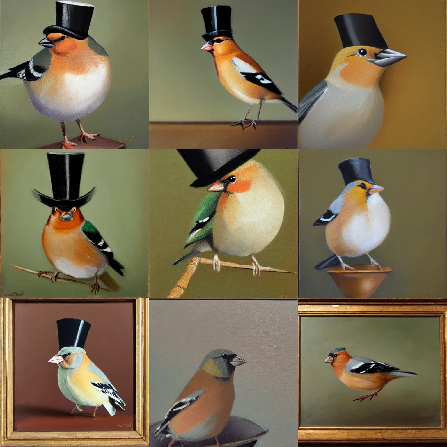 Prompt: a chaffinch wearing a top hat, wearing a top hat, oil on canvas