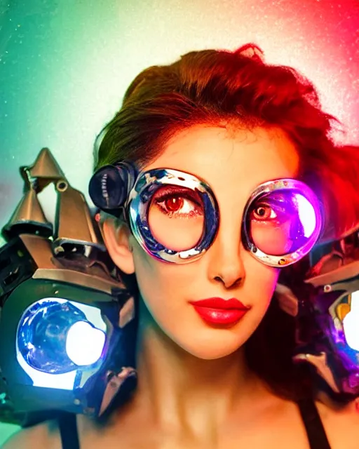 Prompt: centered portrait of flirtatious young sabrina salerno as a solarpunk mecha humanoid robotic parts wearing crystal goggles with bright led lights, real human face, pudica pose bouguereau style, in white room, ultra - realistic and intricate, soft portrait shot 8 k