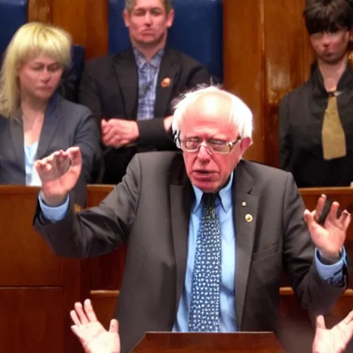 Prompt: Senator Bernie Sanders as Super Saiyan Goku giving a speech in the Senate Chamber