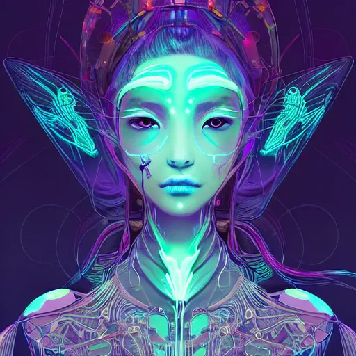 Prompt: ethereal, bioluminescent wired, cybernetic alien princess in the mountains, extremely detailed, sharp focus, portrait, smooth, digital illustration, by james jean, by rossdraws, frank franzzeta, sakimichan