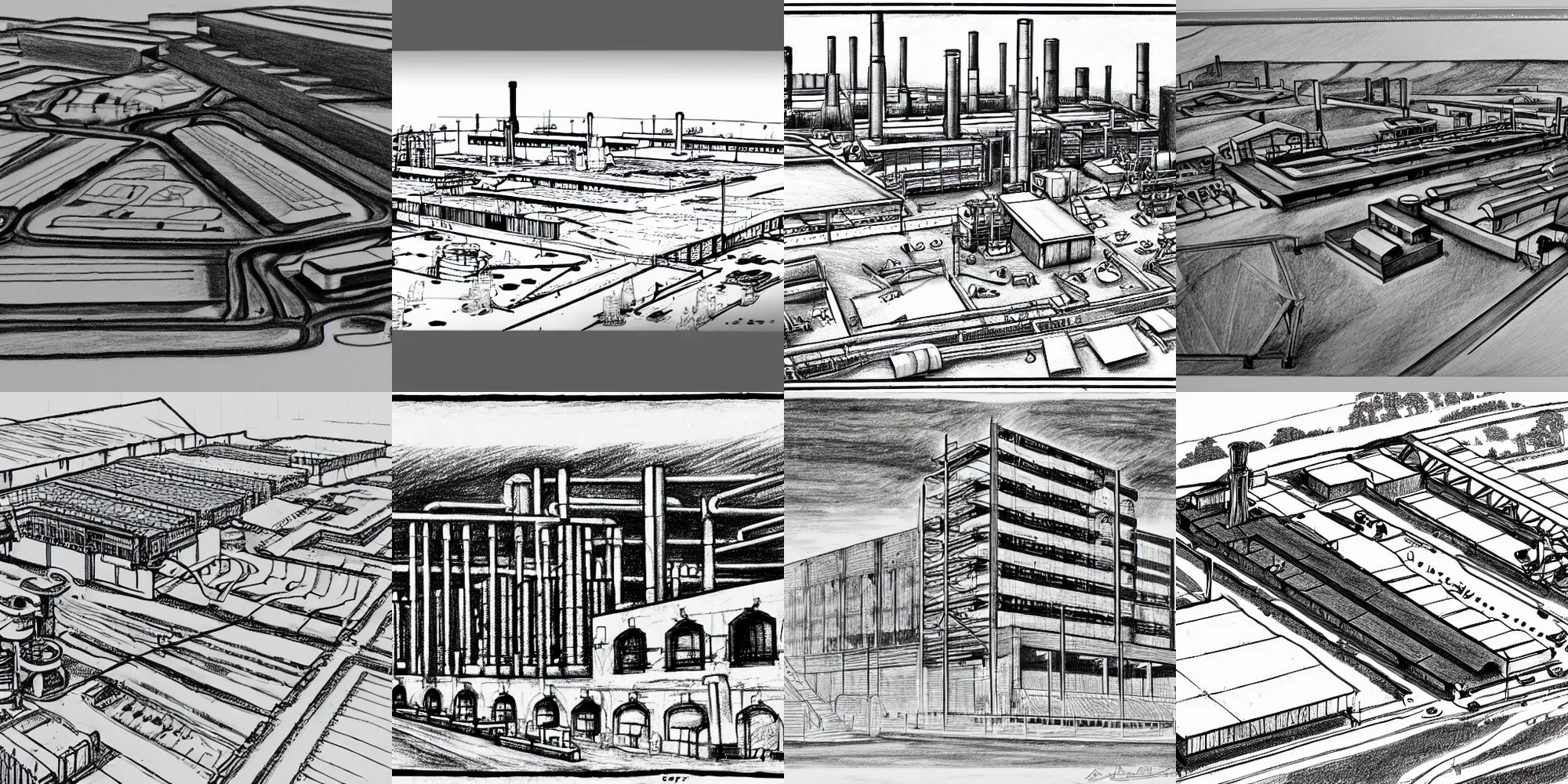 Prompt: a detailed drawing of an industrial site, black and white drawing.