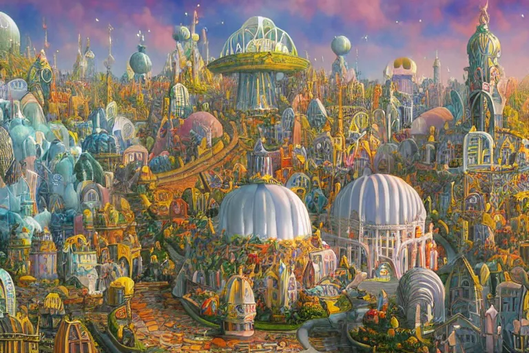 Image similar to Fantasy City built from White Domes by Michael Whelan and Benjamin Lacombe and Jacek Yerka super details, bright colors, ornate background