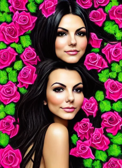 Image similar to amazingly complex portrait of Victoria Justice laying in a bed of black roses as a goddess staring curiously at you. soft detailed painting at 16K resolution and amazingly epic visuals. epically beautiful image. amazing effect, image looks gorgeously crisp as far as it's visual fidelity goes, absolutely outstanding. vivid clarity. ultra detail. iridescent. mind-breaking. mega-beautiful pencil shadowing. beautiful face. Ultra High Definition. soft shading. soft texture. intensely beautiful.