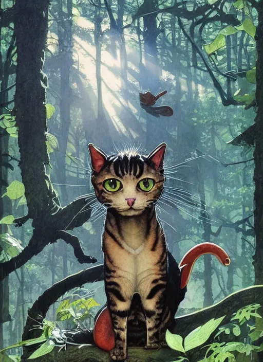 Image similar to a hyper realistic ink cat alien technology and sunbeams blue sky, lush forest foliage painting by chiara bautista and norman rockwell and greg rutkowski weta studio, and lucasfilm